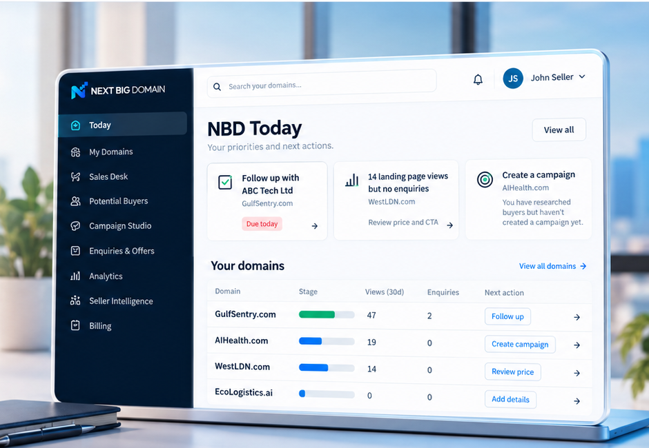 Next Big Domain dashboard showing domain priorities, follow-ups and progress